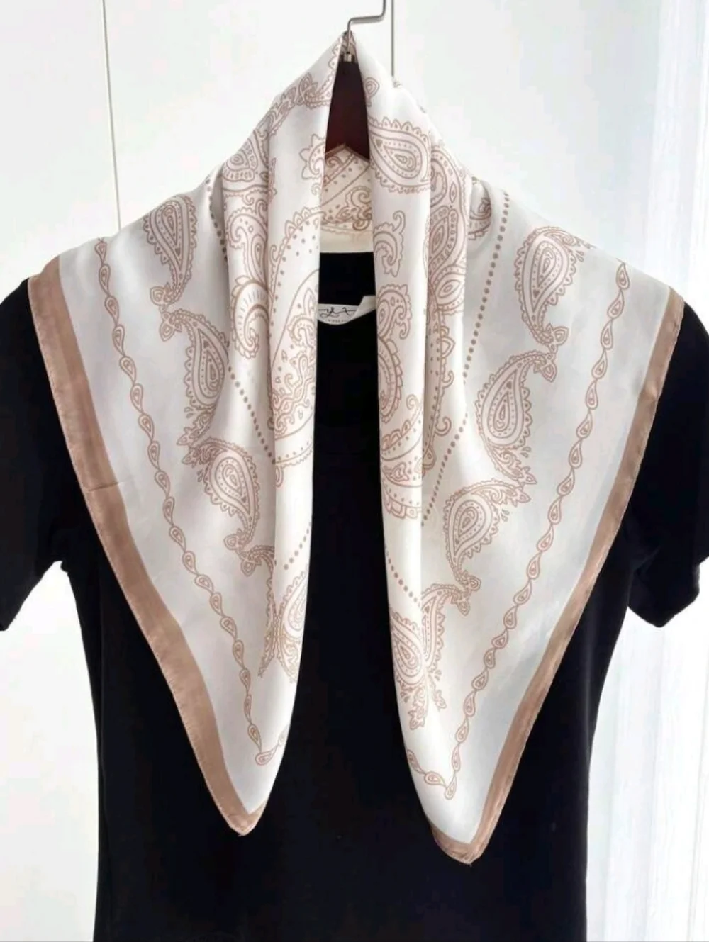 Brown Off-white Neutral Paisley Satin Scarf Beige Summer Beach Vacation Festival
